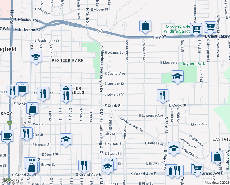 map of restaurants, bars, coffee shops, grocery stores, and more near 1907 East Edwards Street in Springfield