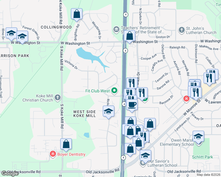 map of restaurants, bars, coffee shops, grocery stores, and more near 2820 Brandywine Road in Springfield