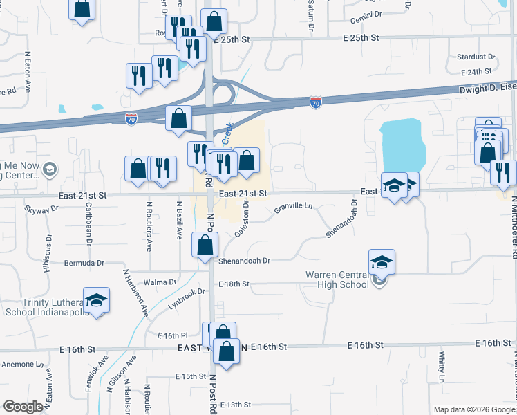 map of restaurants, bars, coffee shops, grocery stores, and more near 9156 Granville Court in Indianapolis