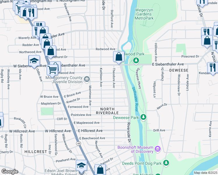 map of restaurants, bars, coffee shops, grocery stores, and more near 333 East Bruce Avenue in Dayton