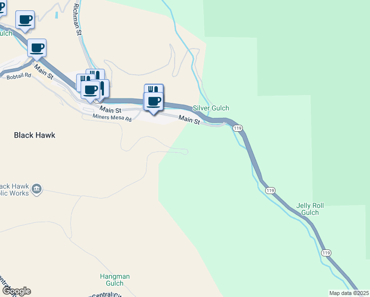 map of restaurants, bars, coffee shops, grocery stores, and more near Miners Mesa Road in Central City