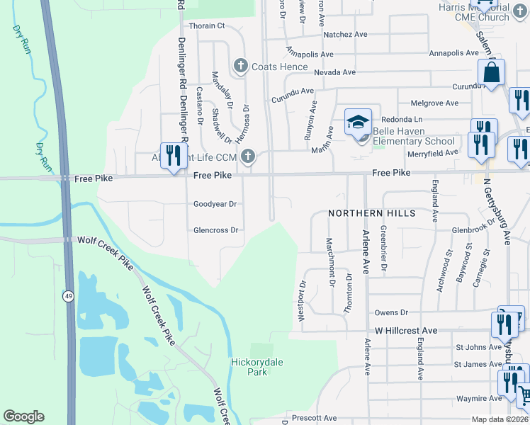 map of restaurants, bars, coffee shops, grocery stores, and more near 3417 Brumbaugh Boulevard in Dayton