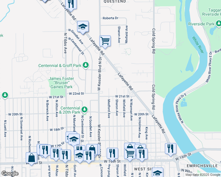 map of restaurants, bars, coffee shops, grocery stores, and more near 2121 Medford Avenue in Indianapolis