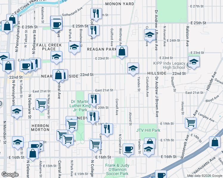 map of restaurants, bars, coffee shops, grocery stores, and more near 2118 Bellefontaine Street in Indianapolis