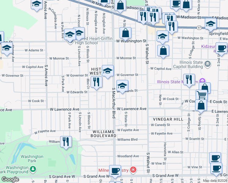 map of restaurants, bars, coffee shops, grocery stores, and more near 999 West Edwards Street in Springfield