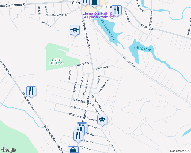 map of restaurants, bars, coffee shops, grocery stores, and more near 165 Erial Road in Clementon