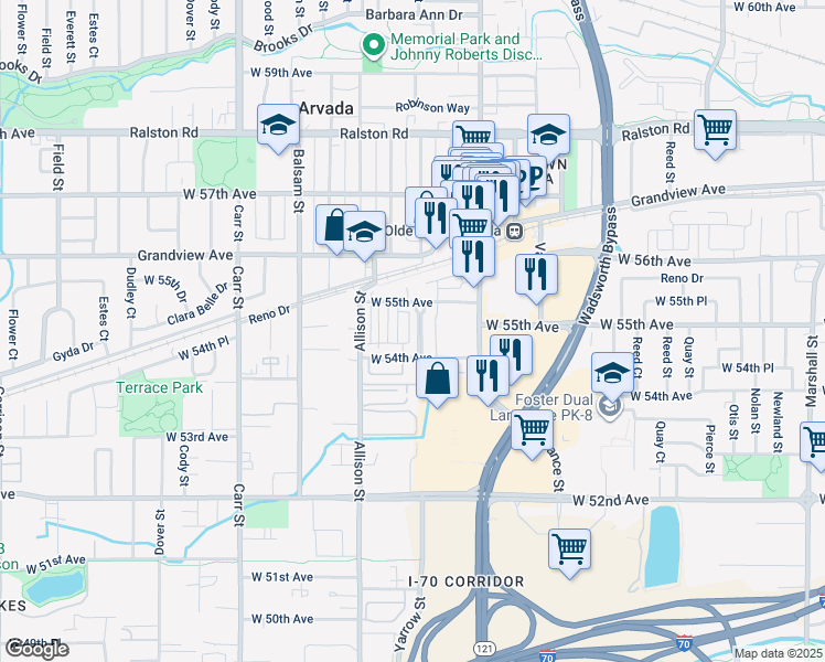 map of restaurants, bars, coffee shops, grocery stores, and more near 5475 Water Tower Promenade in Arvada