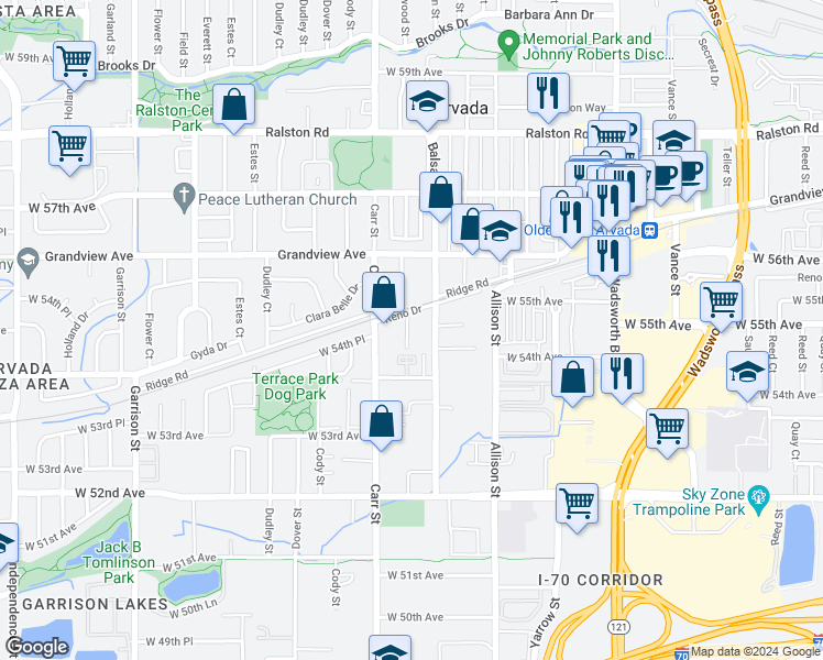 map of restaurants, bars, coffee shops, grocery stores, and more near 5487 Balsam Court in Arvada