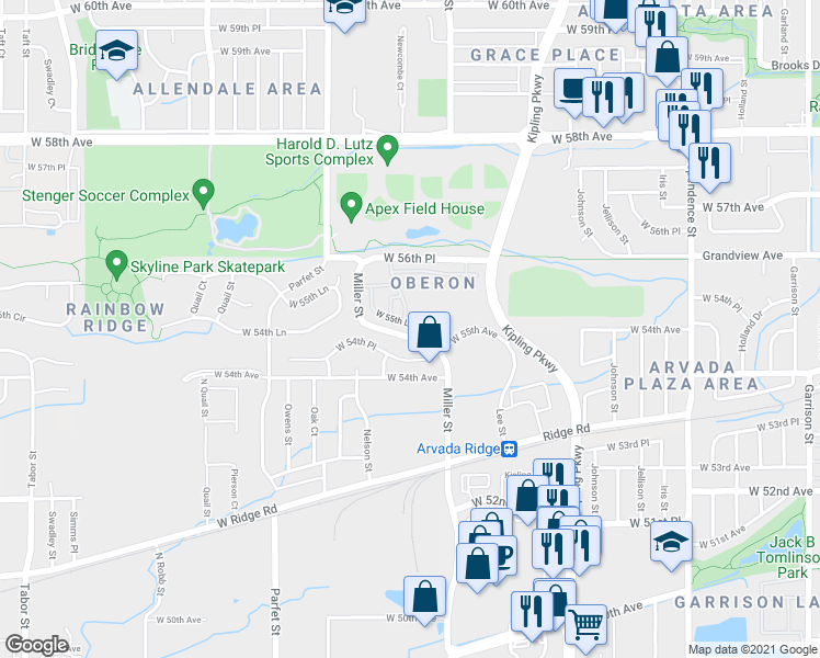 map of restaurants, bars, coffee shops, grocery stores, and more near 10280 West 55th Lane in Arvada