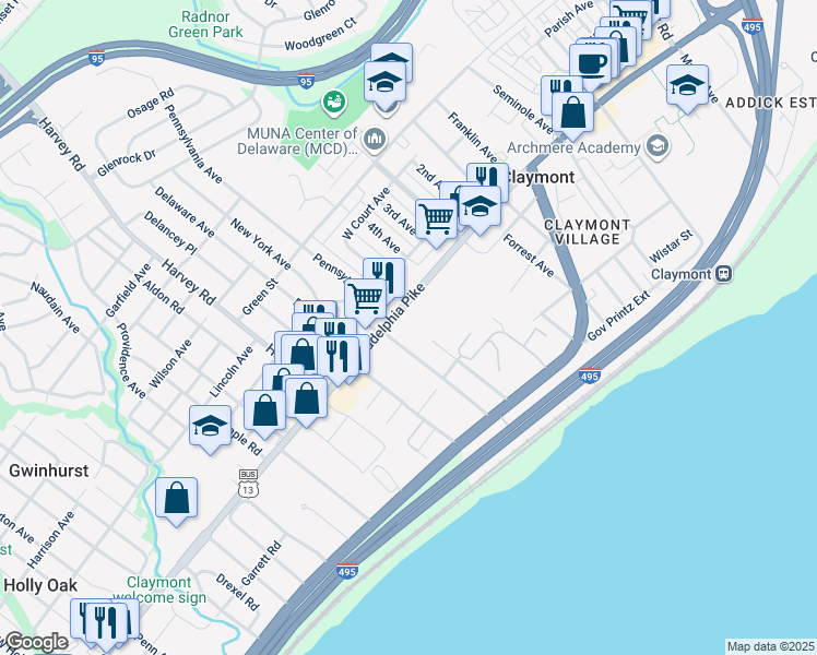 map of restaurants, bars, coffee shops, grocery stores, and more near 2912 Philadelphia Pike in Claymont