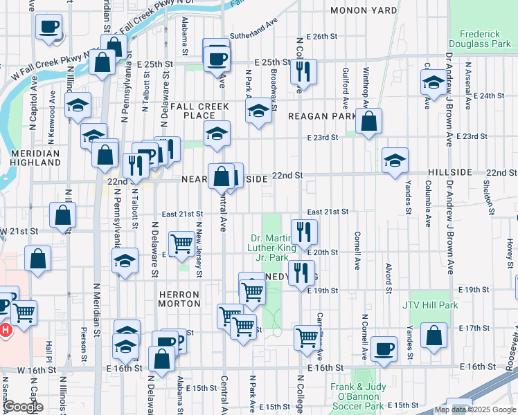 map of restaurants, bars, coffee shops, grocery stores, and more near 2120 North Park Avenue in Indianapolis