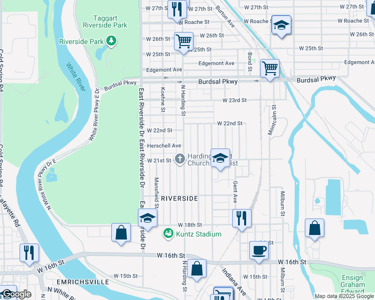 map of restaurants, bars, coffee shops, grocery stores, and more near 2141 North Harding Street in Indianapolis