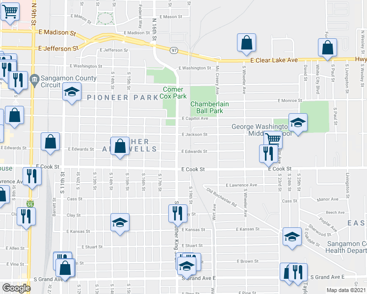 map of restaurants, bars, coffee shops, grocery stores, and more near 505 South Martin Luther King Junior Drive in Springfield