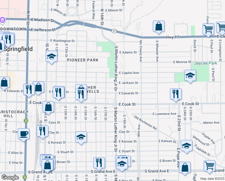 map of restaurants, bars, coffee shops, grocery stores, and more near 505 South Martin Luther King Junior Drive in Springfield