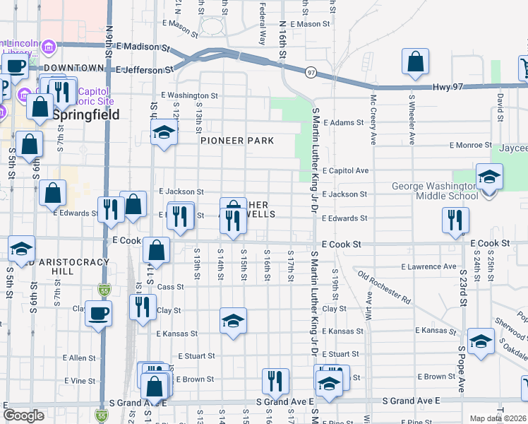 map of restaurants, bars, coffee shops, grocery stores, and more near 501-549 South 16th Street in Springfield