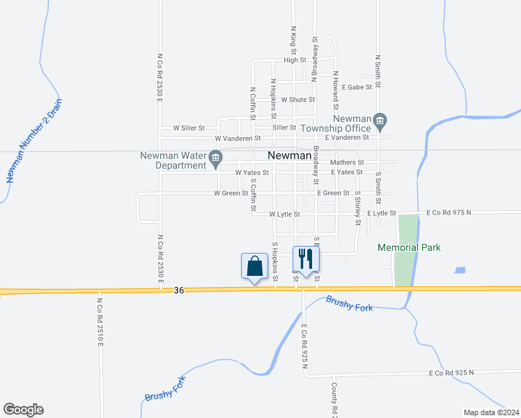 map of restaurants, bars, coffee shops, grocery stores, and more near 207 South Coffin Street in Newman