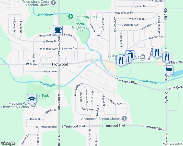 map of restaurants, bars, coffee shops, grocery stores, and more near 14 Rio Grande Avenue in Dayton