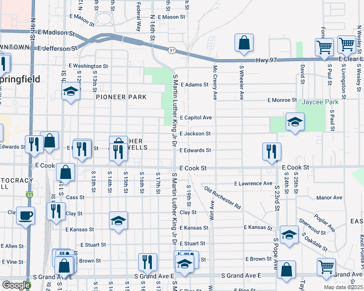 map of restaurants, bars, coffee shops, grocery stores, and more near 1811 East Edwards Street in Springfield