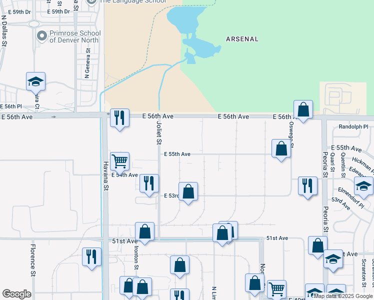 map of restaurants, bars, coffee shops, grocery stores, and more near 11175 East 55th Avenue in Denver