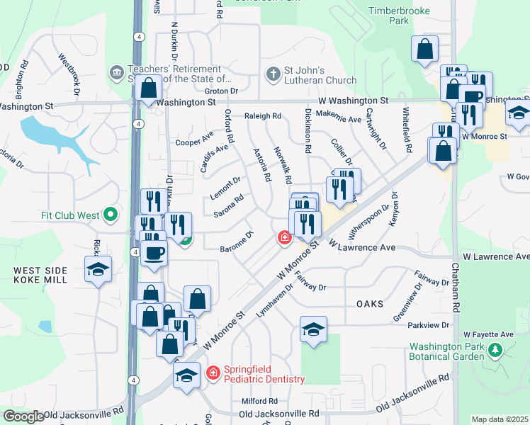 map of restaurants, bars, coffee shops, grocery stores, and more near 399 Astoria Road in Springfield