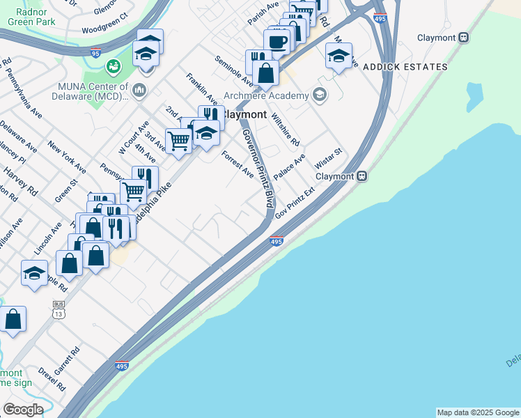 map of restaurants, bars, coffee shops, grocery stores, and more near 9 Brookview Avenue in Claymont