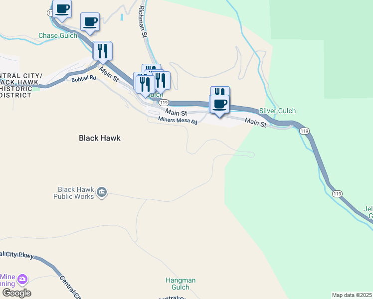 map of restaurants, bars, coffee shops, grocery stores, and more near Miners Mesa Road in Central City
