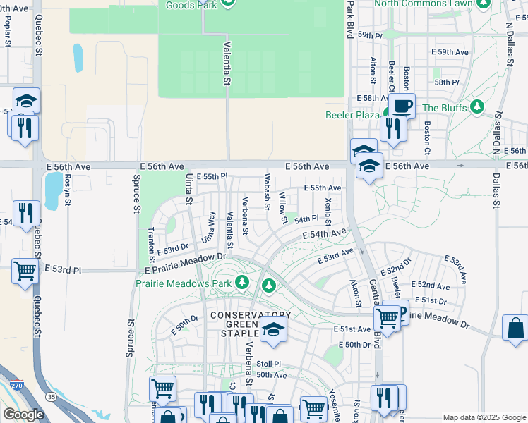 map of restaurants, bars, coffee shops, grocery stores, and more near 5476 Wabash Street in Denver