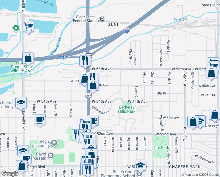 map of restaurants, bars, coffee shops, grocery stores, and more near 2888 West 55th Avenue in Denver