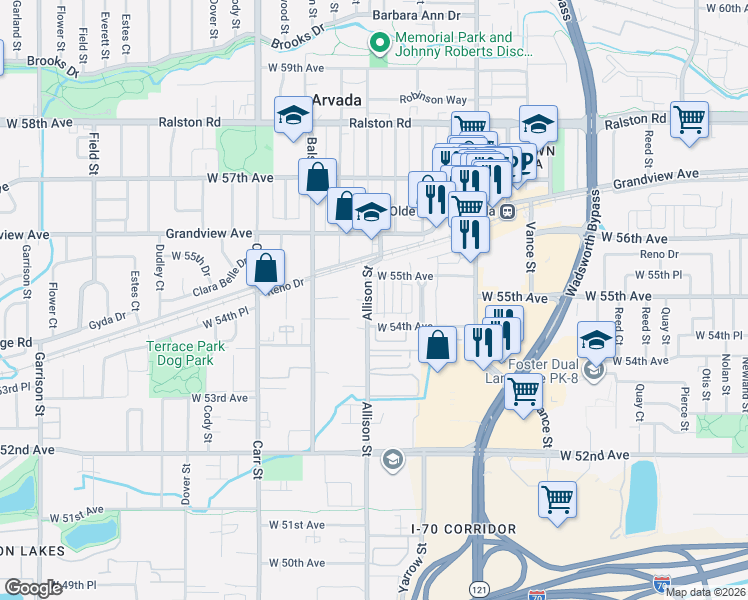 map of restaurants, bars, coffee shops, grocery stores, and more near 5467 Zephyr Court in Arvada