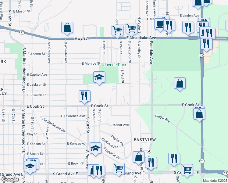 map of restaurants, bars, coffee shops, grocery stores, and more near 505 White City Boulevard in Springfield