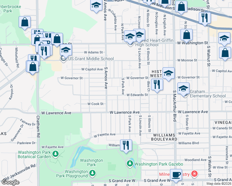 map of restaurants, bars, coffee shops, grocery stores, and more near 1401 West Edwards Street in Springfield
