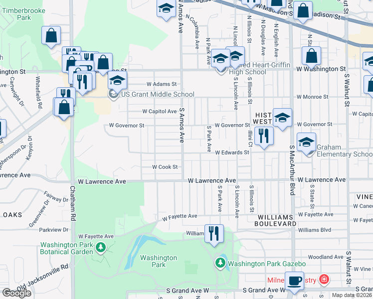 map of restaurants, bars, coffee shops, grocery stores, and more near 530 South Amos Avenue in Springfield