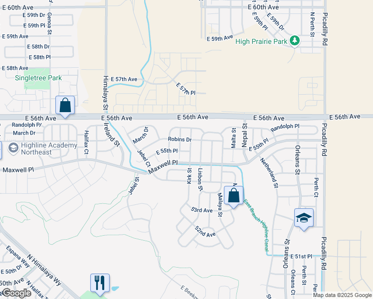 map of restaurants, bars, coffee shops, grocery stores, and more near 5554 Killarney Court in Denver