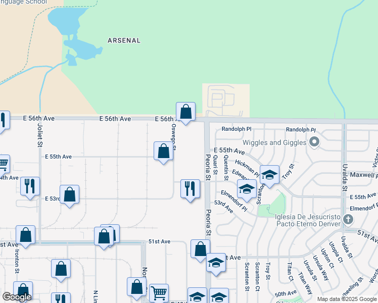 map of restaurants, bars, coffee shops, grocery stores, and more near 5501 Peoria Street in Denver