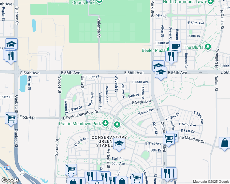 map of restaurants, bars, coffee shops, grocery stores, and more near 5476 Wabash Street in Denver