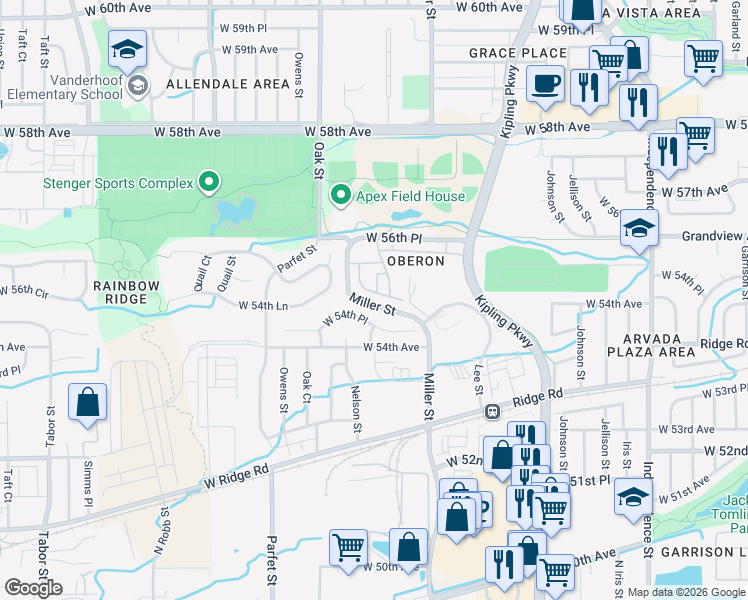 map of restaurants, bars, coffee shops, grocery stores, and more near 10330 West 55th Lane in Arvada