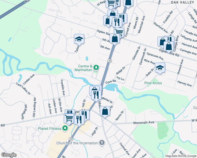 map of restaurants, bars, coffee shops, grocery stores, and more near 5 Centre Avenue in West Deptford