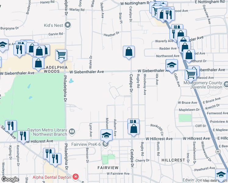 map of restaurants, bars, coffee shops, grocery stores, and more near 576 Daytona Parkway in Dayton