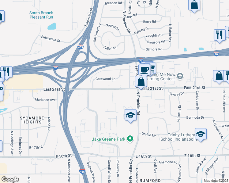 map of restaurants, bars, coffee shops, grocery stores, and more near 7920 East 21st Street in Indianapolis