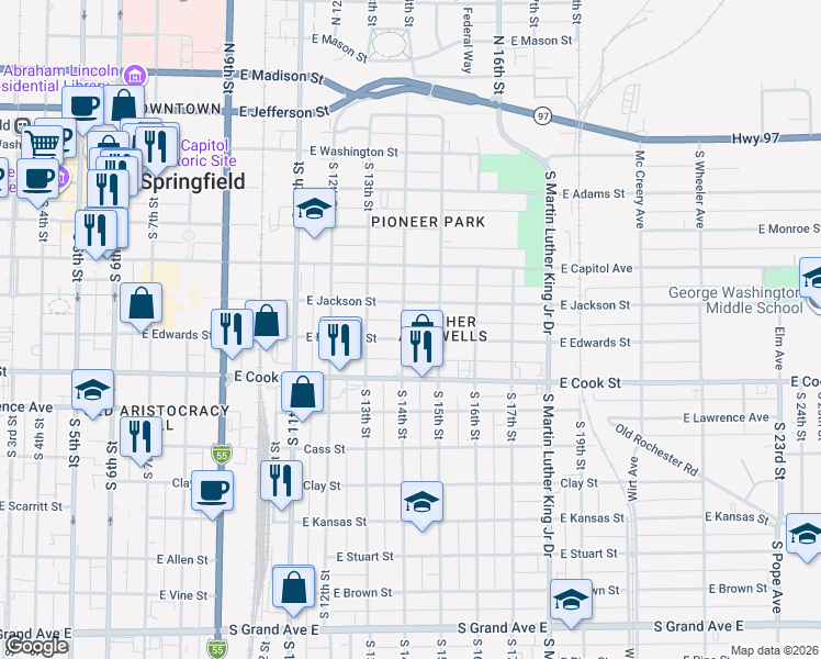 map of restaurants, bars, coffee shops, grocery stores, and more near 501-547 S 14th St in Springfield
