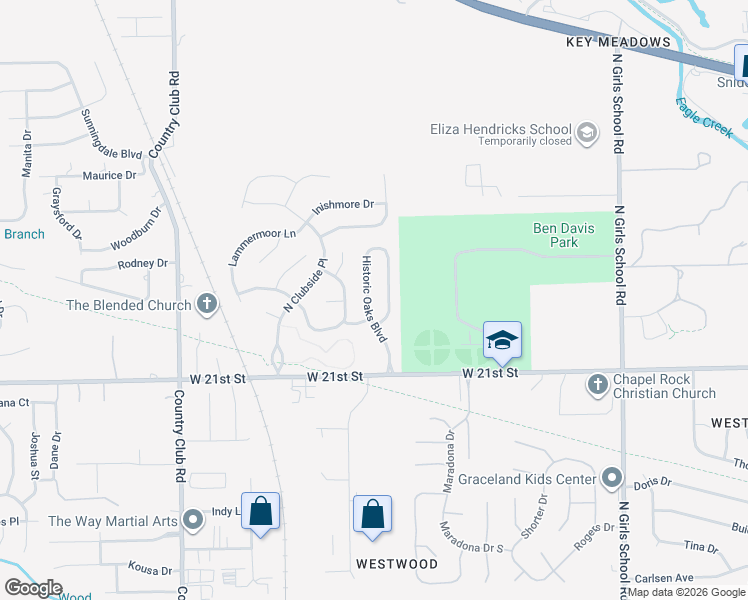 map of restaurants, bars, coffee shops, grocery stores, and more near 2245 Historic Oaks Boulevard in Indianapolis
