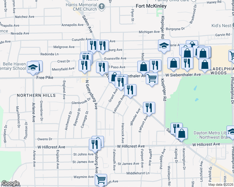 map of restaurants, bars, coffee shops, grocery stores, and more near 3796 Salem Avenue in Dayton