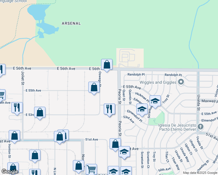 map of restaurants, bars, coffee shops, grocery stores, and more near 5501 Peoria Street in Denver