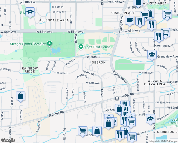 map of restaurants, bars, coffee shops, grocery stores, and more near 10330 West 55th Lane in Arvada