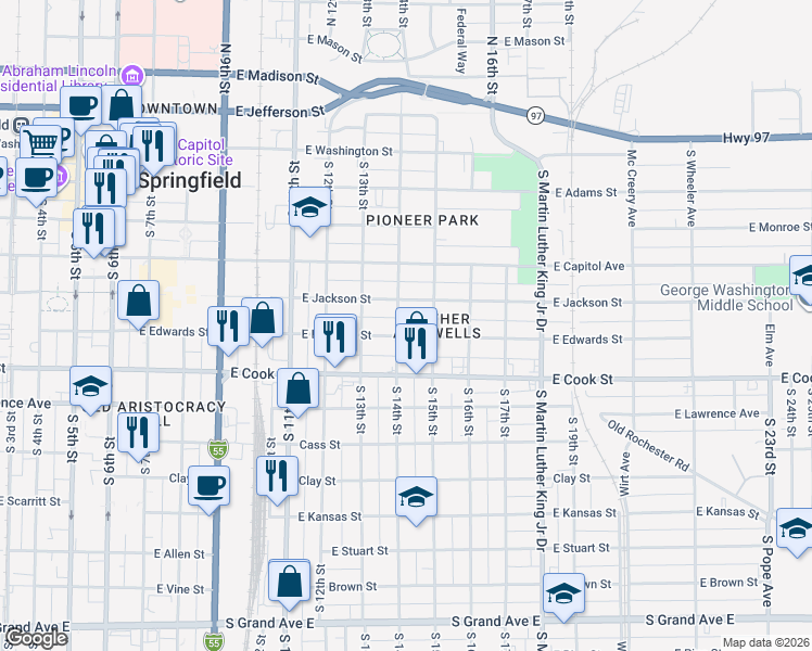 map of restaurants, bars, coffee shops, grocery stores, and more near 501-547 S 14th St in Springfield
