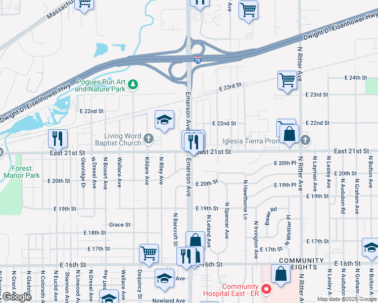 map of restaurants, bars, coffee shops, grocery stores, and more near E 21st St & N Emerson Ave in Indianapolis