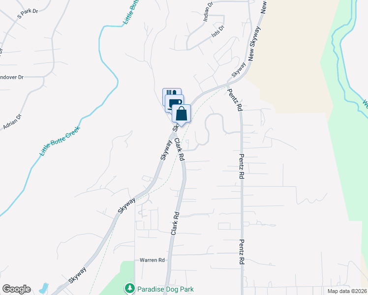 map of restaurants, bars, coffee shops, grocery stores, and more near 1554 Gate Lane in Paradise