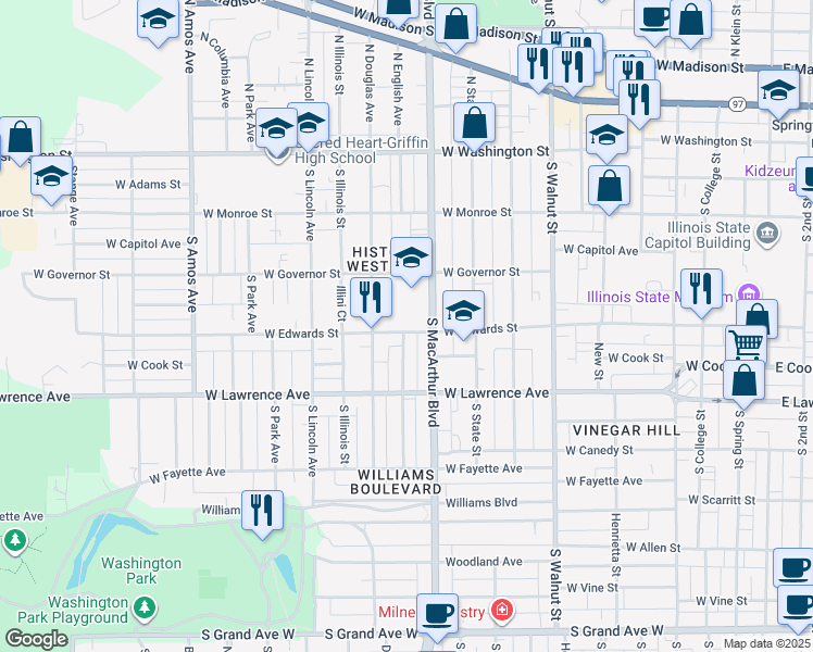 map of restaurants, bars, coffee shops, grocery stores, and more near 1025 West Edwards Street in Springfield