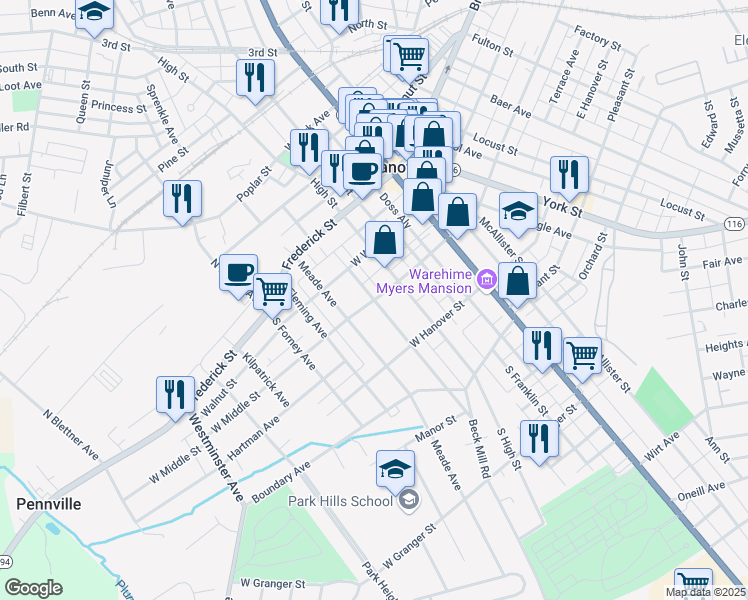 map of restaurants, bars, coffee shops, grocery stores, and more near W Middle St & 2nd Ave in Hanover