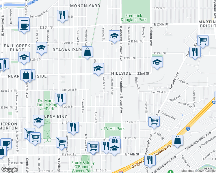 map of restaurants, bars, coffee shops, grocery stores, and more near 2100 Columbia Avenue in Indianapolis